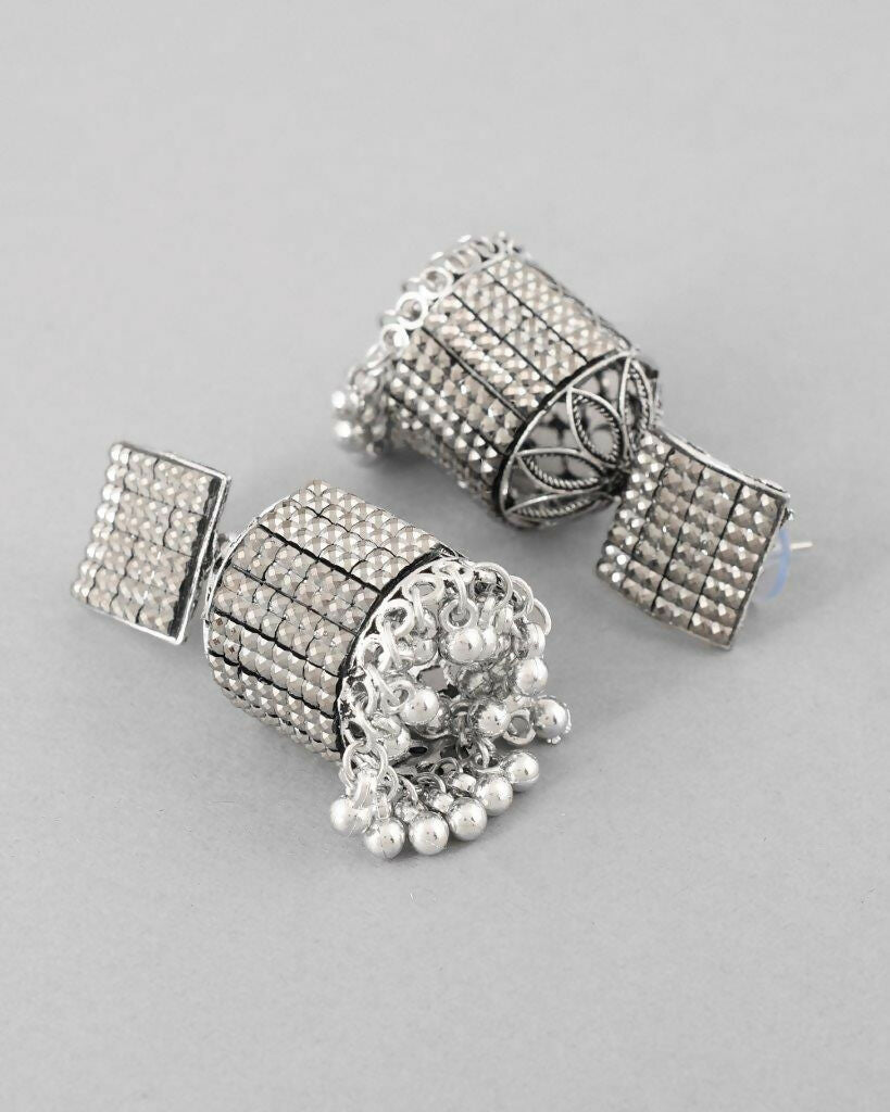 VOJ Black-Toned AD Studded Square Dome Shaped Jhumka Earrings