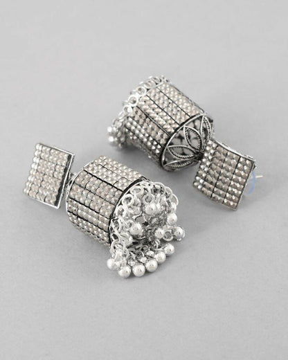 VOJ Black-Toned AD Studded Square Dome Shaped Jhumka Earrings