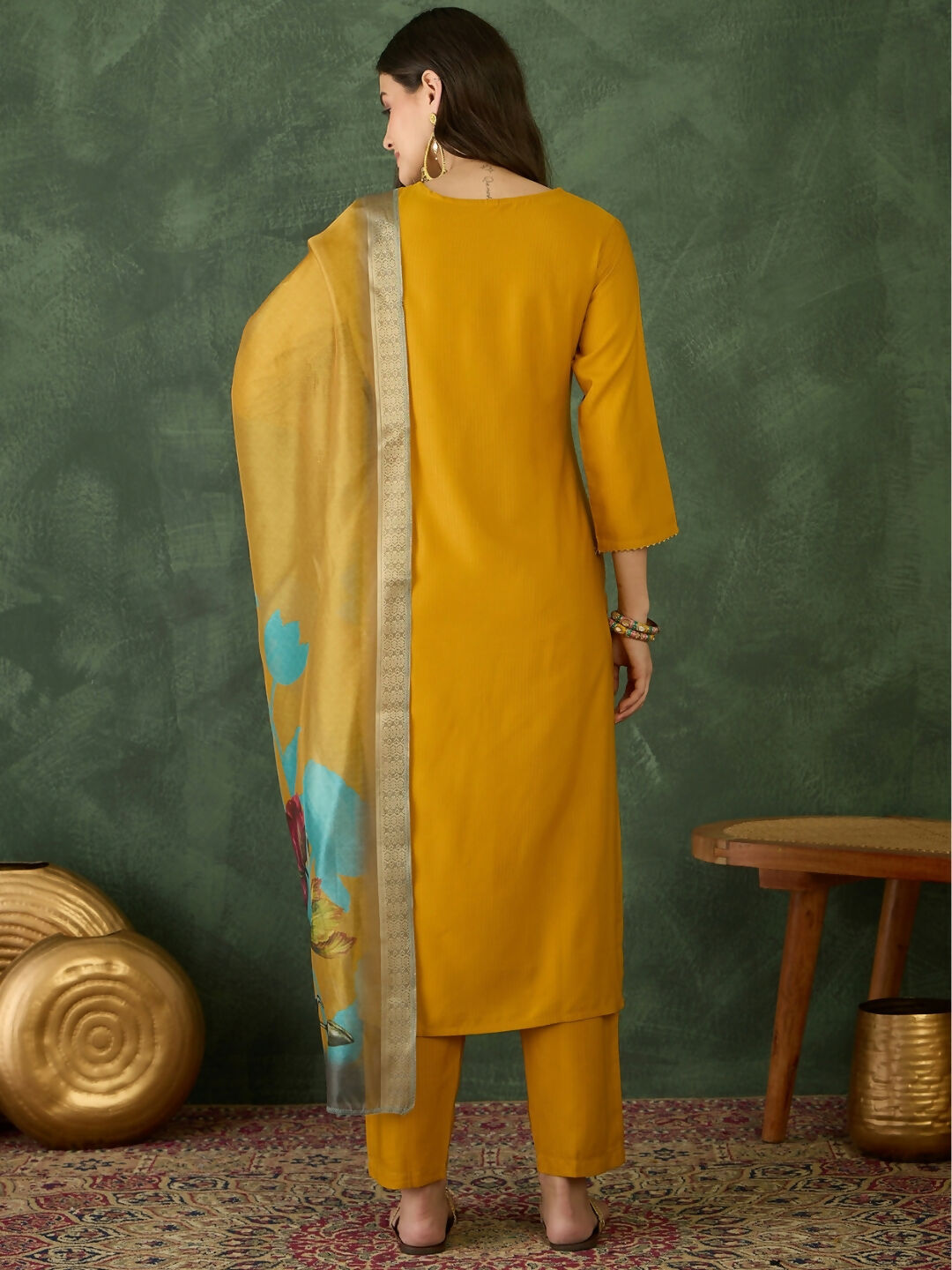 The52 Mustard Women's Beautiful Rayon Fabric Embroidered Work Straight Kurta, Pant and Dupatta Set