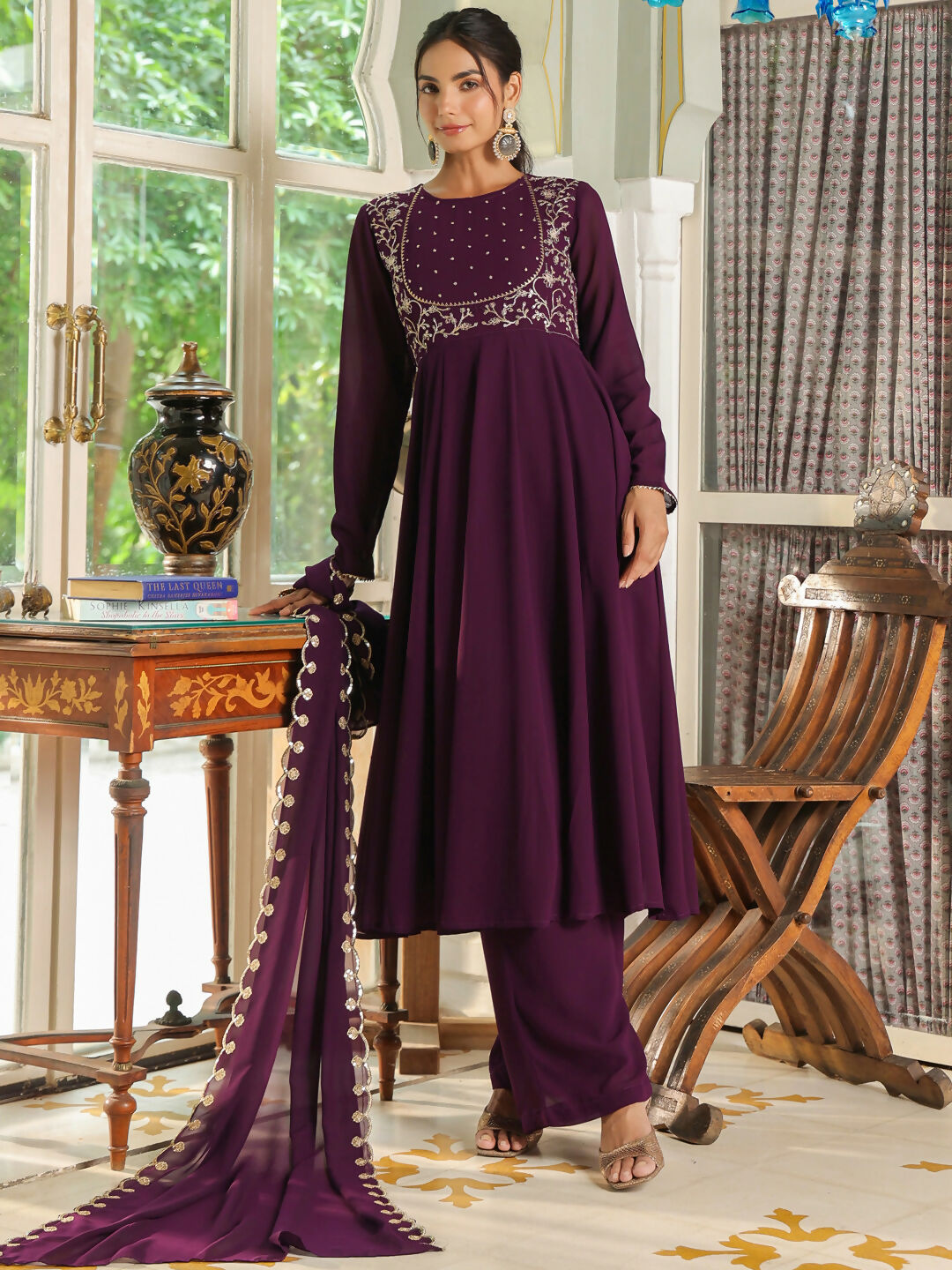 Janasya Purple Georgette Embroidered Kurta,Bottom & Dupatta