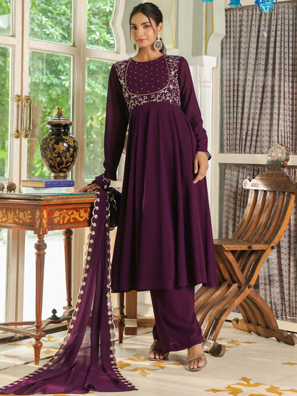 Janasya Purple Georgette Embroidered Kurta,Bottom & Dupatta