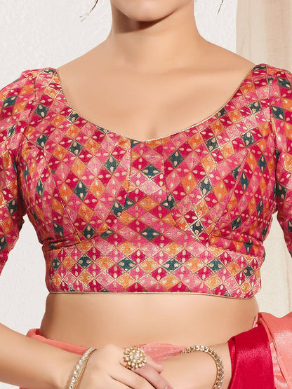 Joban Fashion Pink Jacquard Padded Blouse With Round Neck Elbow Sleeves