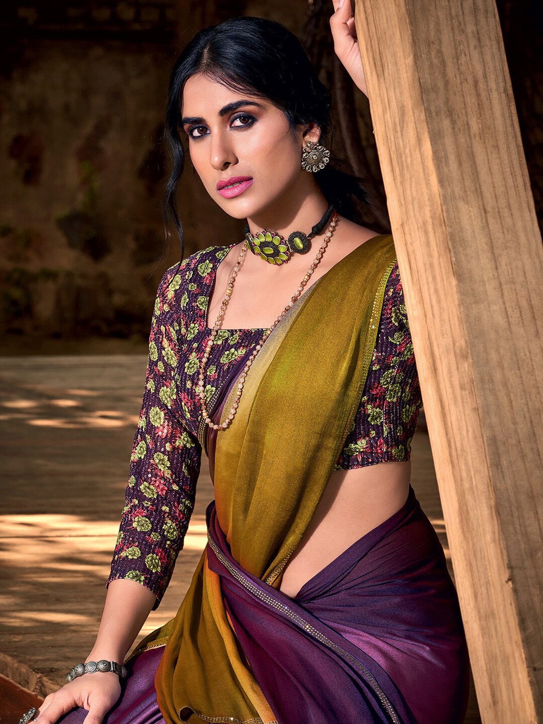 Saree Mall Purple & Beige Ombre Embroidered Sarees