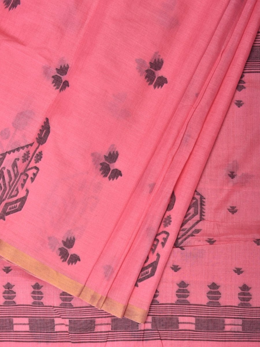 Baby Pink Khadi Cotton Handloom Saree with Buta and One Side Border Design - Global Threads