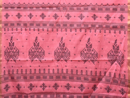 Baby Pink Khadi Cotton Handloom Saree with Buta and One Side Border Design - Global Threads