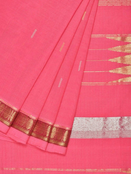 Baby Pink Khadi Cotton Handloom Saree with Doby Border and Zari Strips Pallu Design - Global Threads