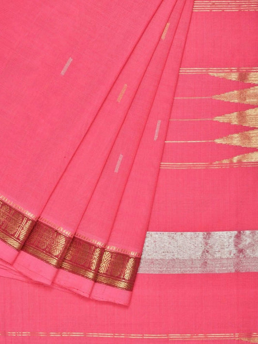 Baby Pink Khadi Cotton Handloom Saree with Doby Border and Zari Strips Pallu Design - Global Threads