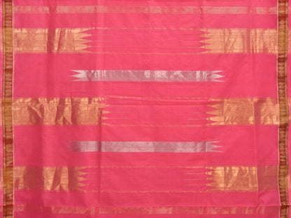 Baby Pink Khadi Cotton Handloom Saree with Doby Border and Zari Strips Pallu Design - Global Threads
