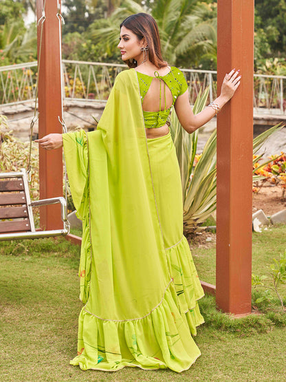 Tikhi Imli Printed Ruffle Saree With Mirror Embroidered Work Blouse