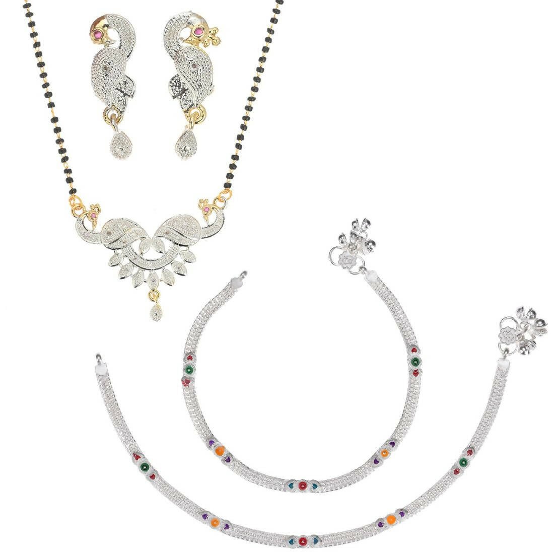 AanyaCentric Gold-Polished Mangalsutra Pendant Earring Set & Silver Plated Anklet