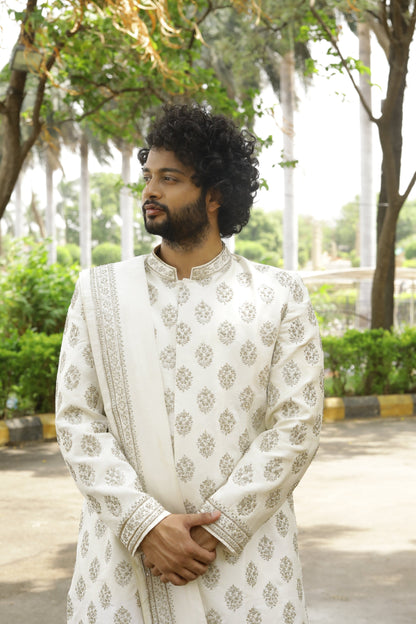 Iysian-Silver Designer Sherwani by Hilo Design