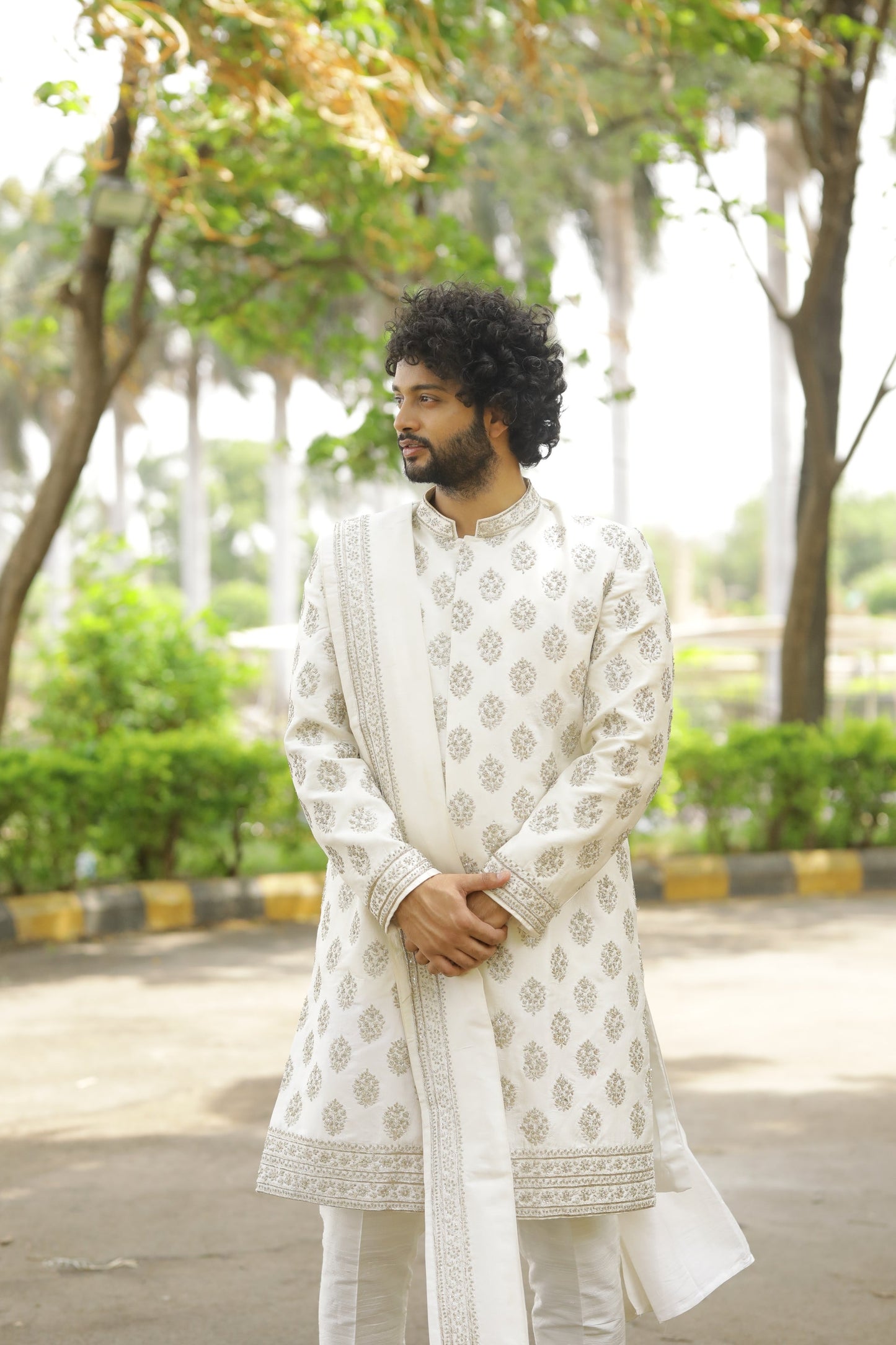 Iysian-Silver Designer Sherwani by Hilo Design
