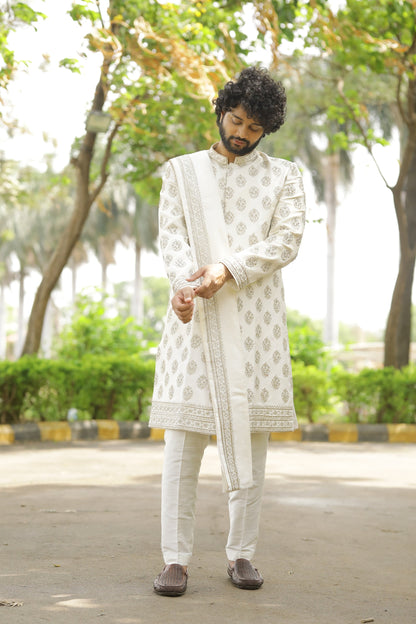 Iysian-Silver Designer Sherwani by Hilo Design