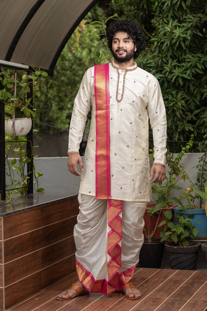 Classic Hand Embroidery Designer Pattu Kurta and Dhoti Set by Hilo Design