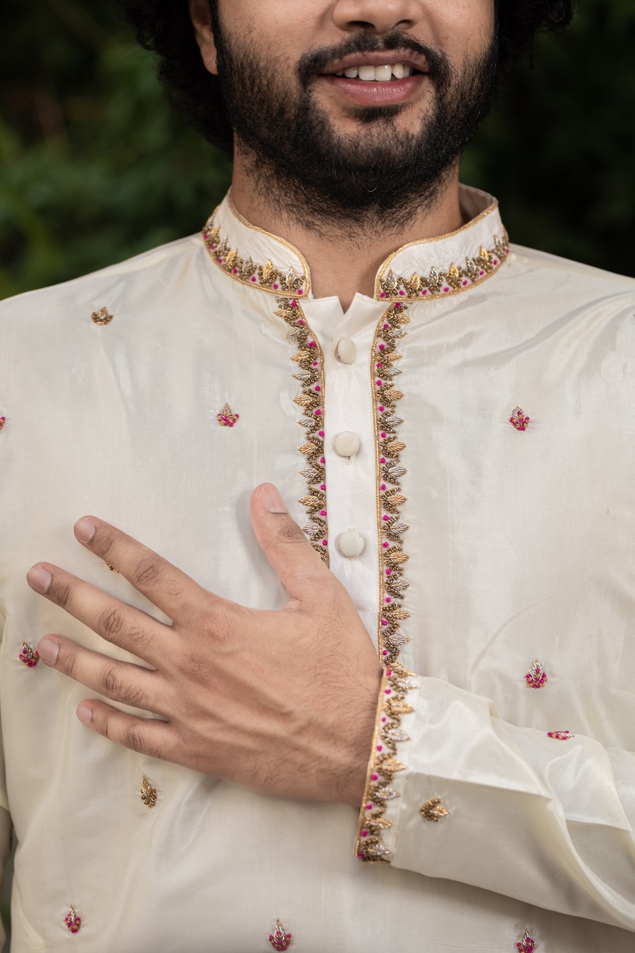 Classic Hand Embroidery Designer Pattu Kurta and Dhoti Set by Hilo Design