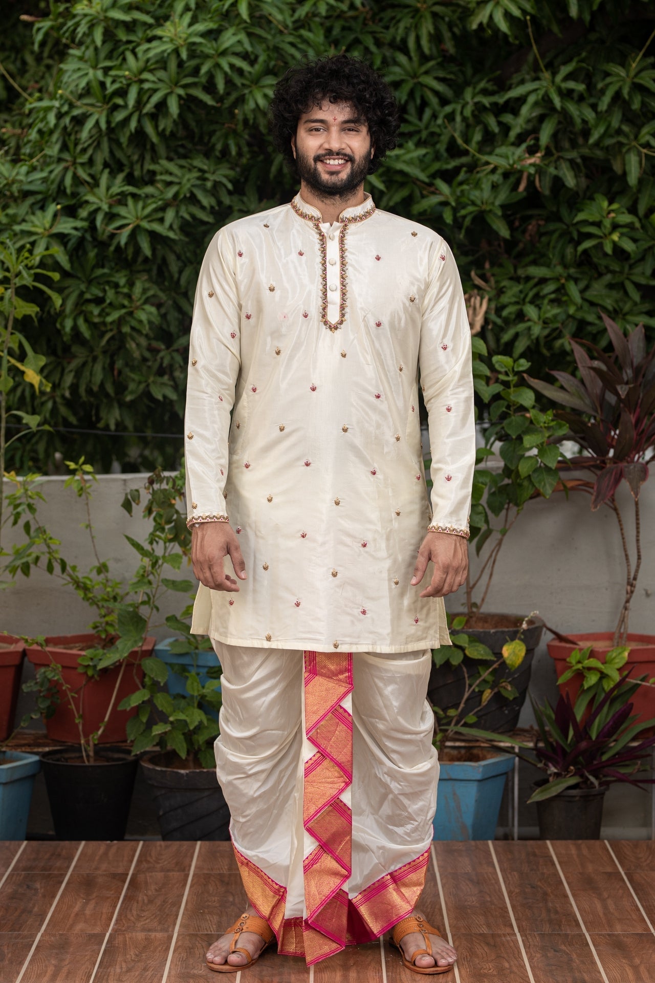 Classic Hand Embroidery Designer Pattu Kurta and Dhoti Set by Hilo Design