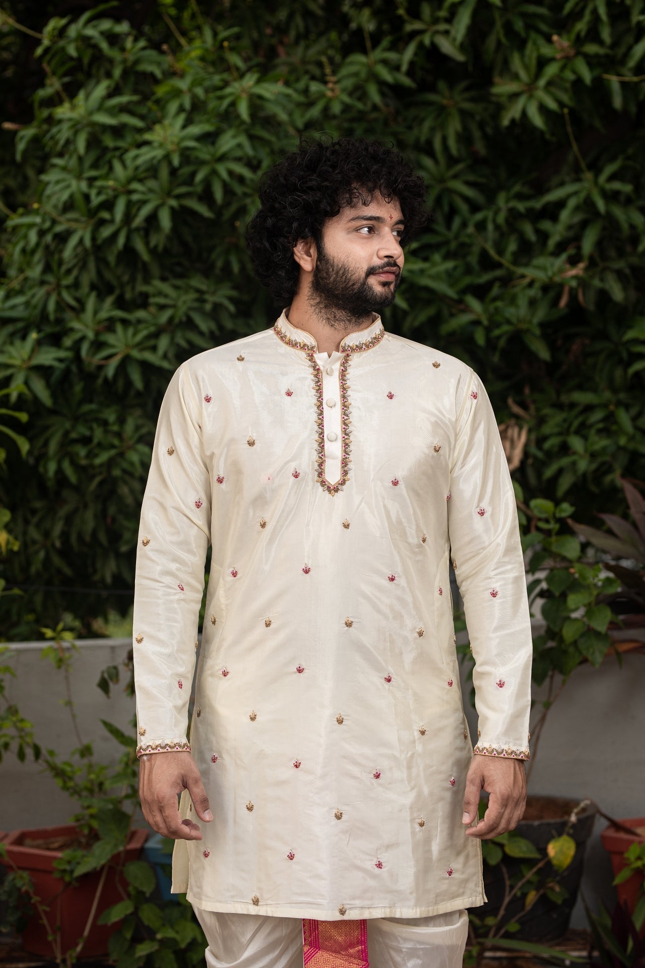 Classic Hand Embroidery Designer Pattu Kurta and Dhoti Set by Hilo Design