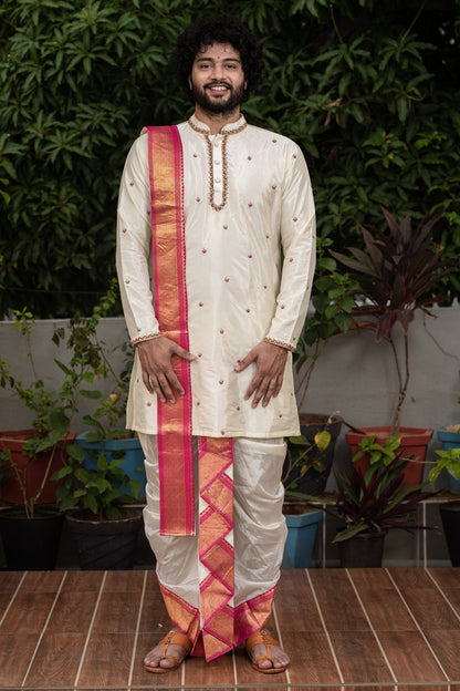 Classic Hand Embroidery Designer Pattu Kurta and Dhoti Set by Hilo Design