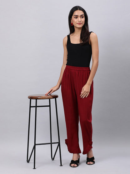Souchii Women Maroon Solid Pleated Ruffled Liva Palazzos