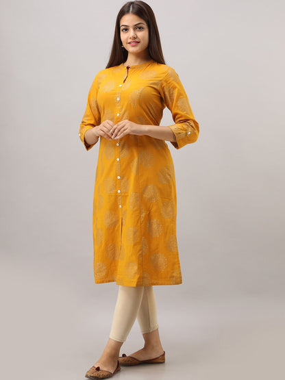 HERE&NOW Mustard Yellow Ethnic Motifs Printed A-Line Kurta
