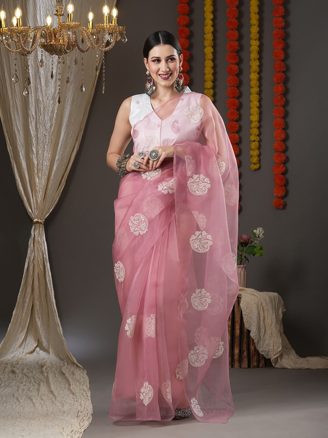 Saree Mall Mauve & White Floral Embroidered Organza Banarasi Sarees