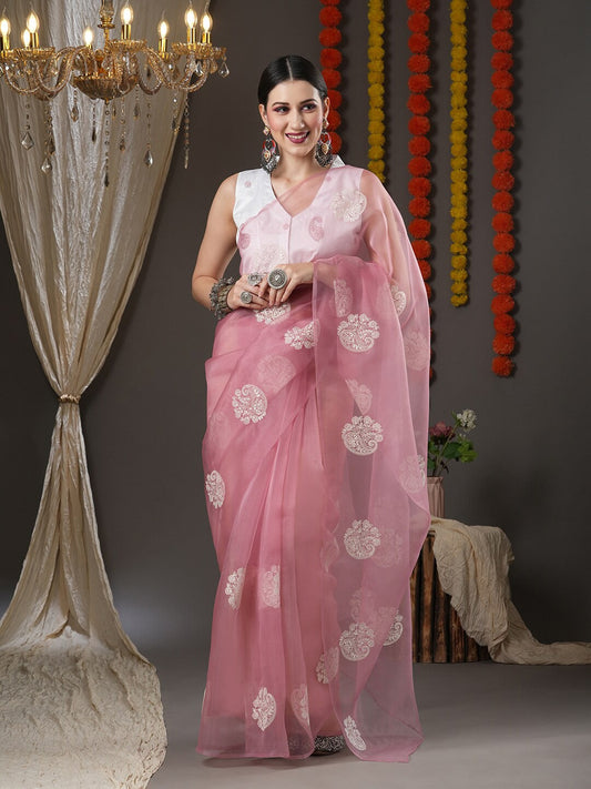 Saree Mall Mauve & White Floral Embroidered Organza Banarasi Sarees