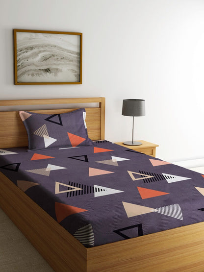 Home Sizzler Grey & White Geometric 144 TC Single Bedsheet with 1 Pillow Covers