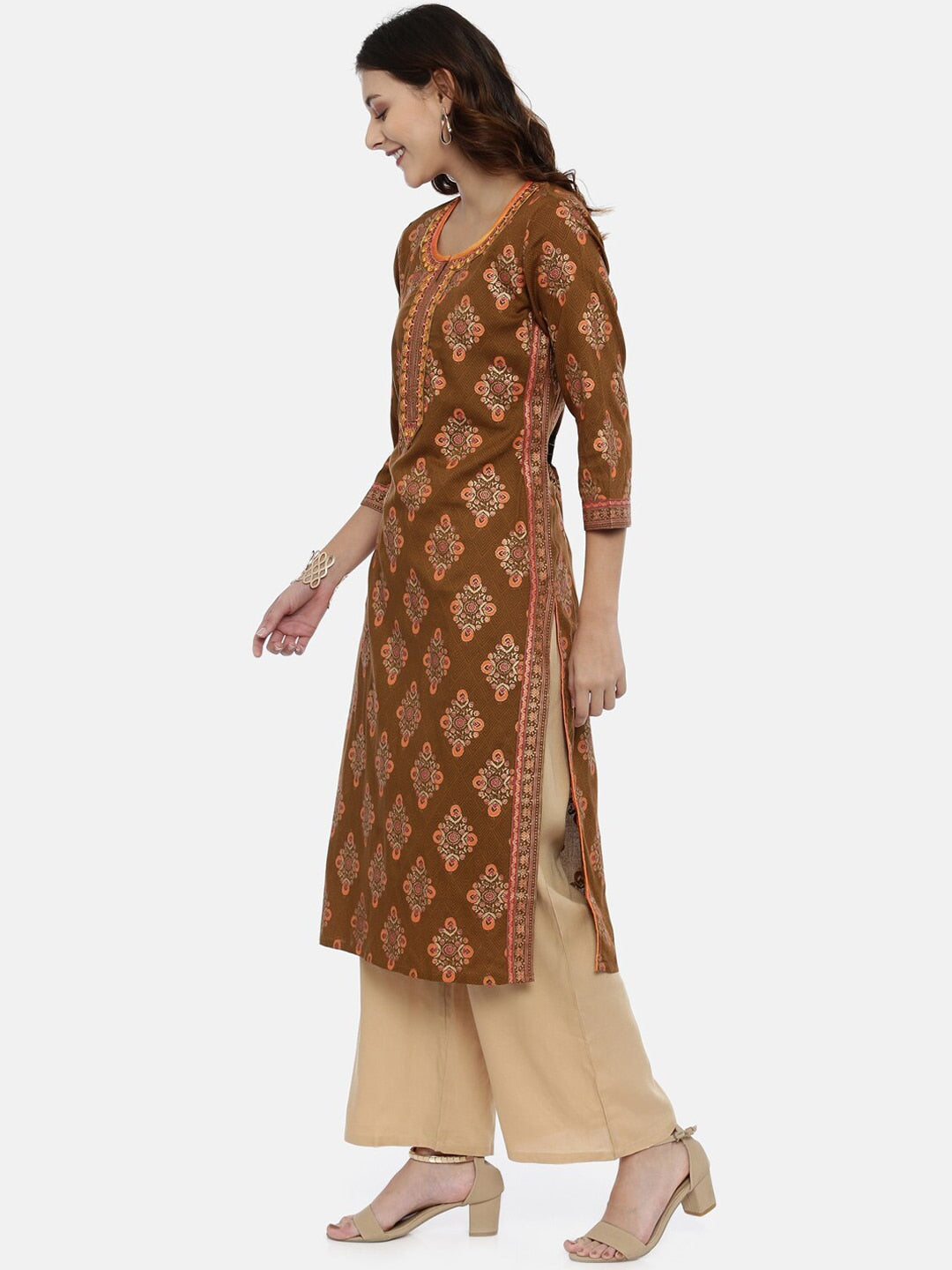Souchii Brown & Mustard Printed Straight Kurta