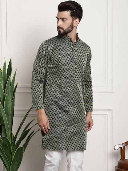 Sojanya Men Green & Beige Jacquard Silk Kurta