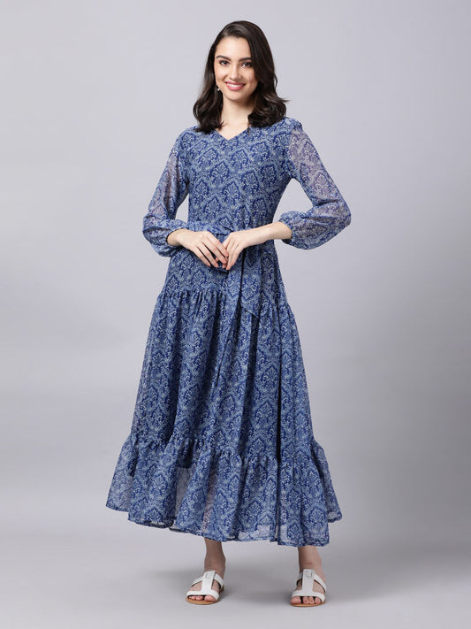 Souchii Blue Ethnic Motifs Printed Chiffon Maxi Tiered Dress
