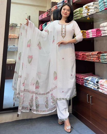 The52 White Women's Gorgeous Georgette Butti Fabric Embroidered Work Straight Kurta Pant and Dupatta Set