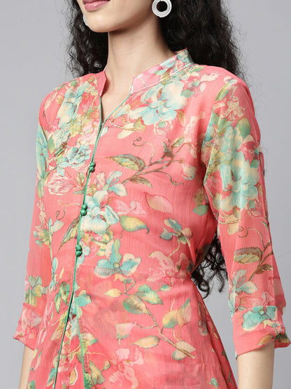 Souchii Women Pink & Green Floral Layered A-Line Midi Dress
