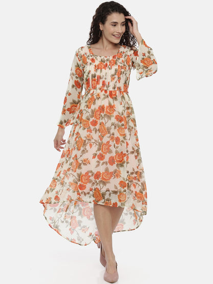 Souchii Cream-Coloured Printed A-Line Dress