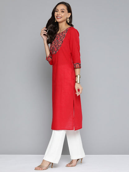HERE&NOW Women Red & Black Yoke Design Pure Cotton Kurta
