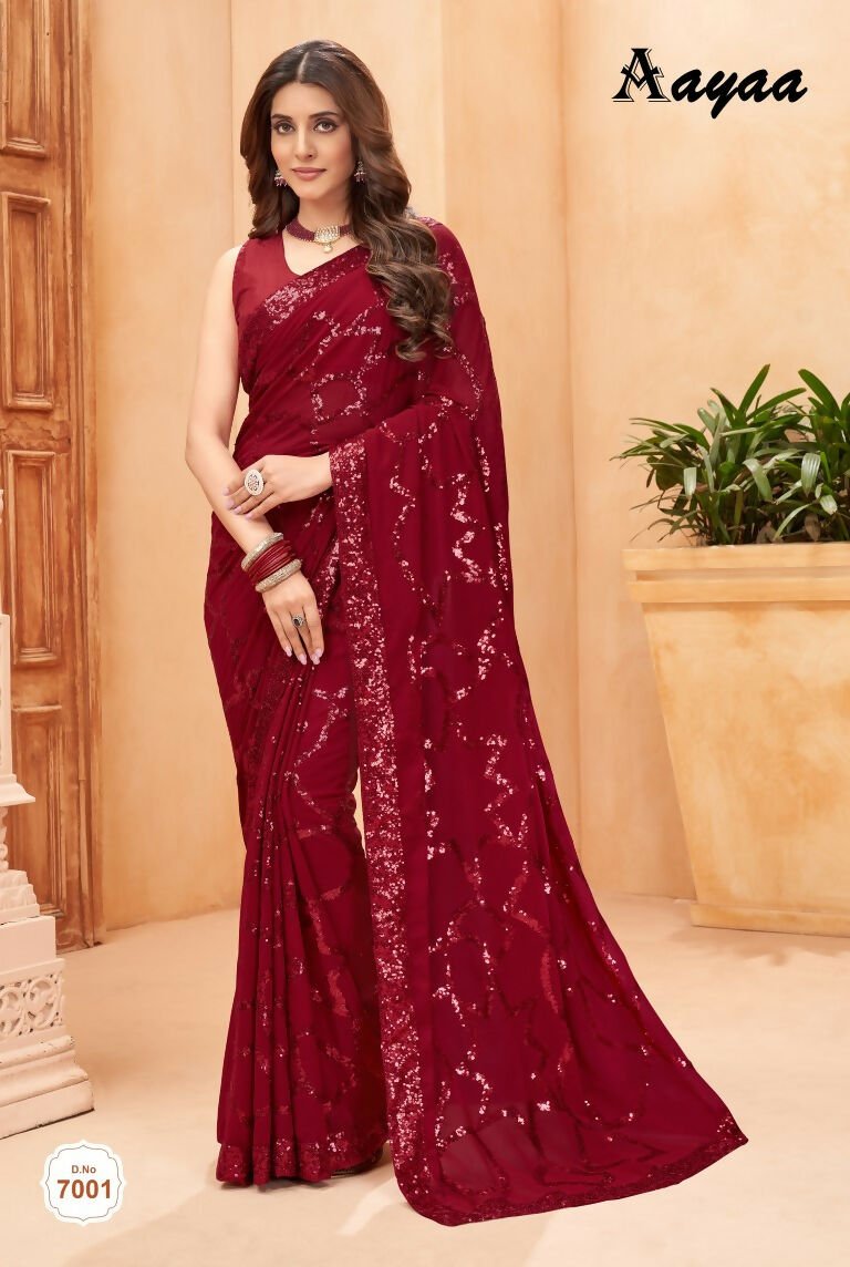 Aayaa Heavy Georgette Double Run Sequance Work Saree With Fitting Sequance Lace Border - Marron