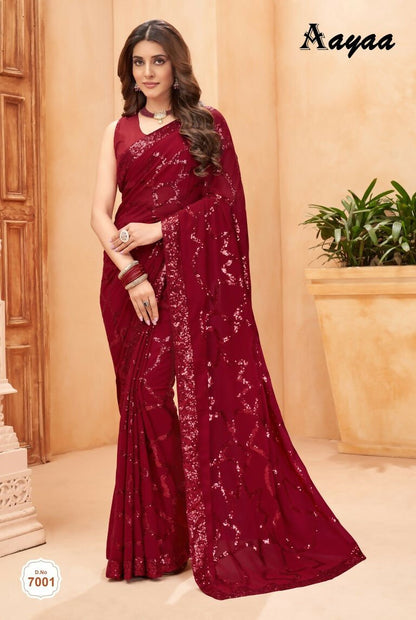 Aayaa Heavy Georgette Double Run Sequance Work Saree With Fitting Sequance Lace Border - Marron
