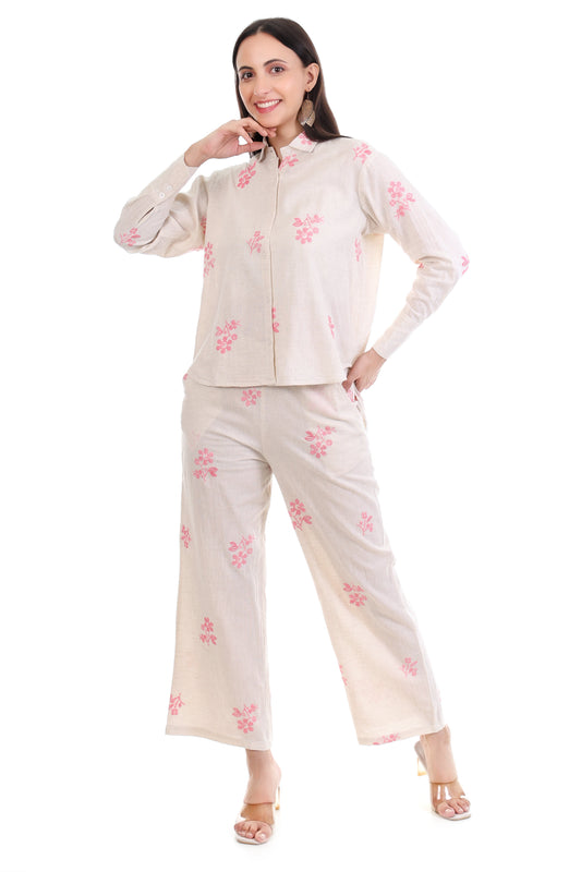 Jaitra Apparels Off White Embroidered Premium Pure Cotton Co-Ord Set For Women