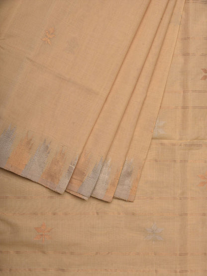 Beige Khadi Cotton Handloom Saree with Temple Border Design - Global Threads