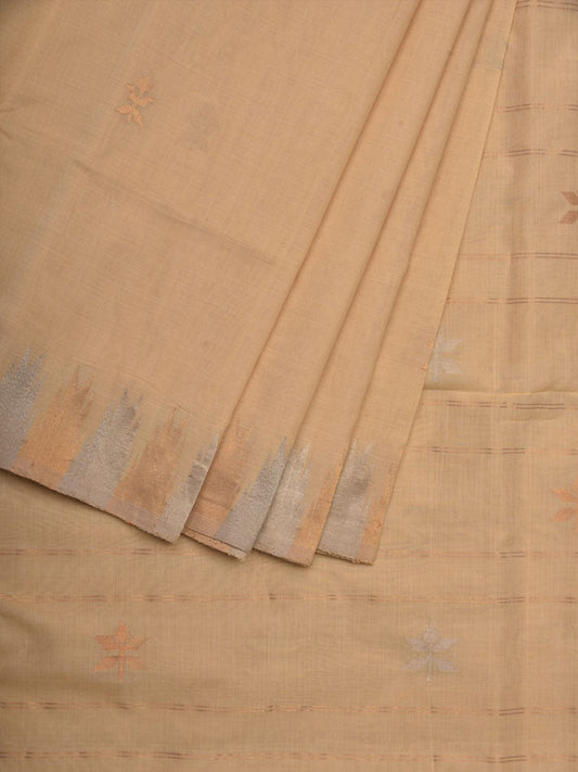 Beige Khadi Cotton Handloom Saree with Temple Border Design - Global Threads
