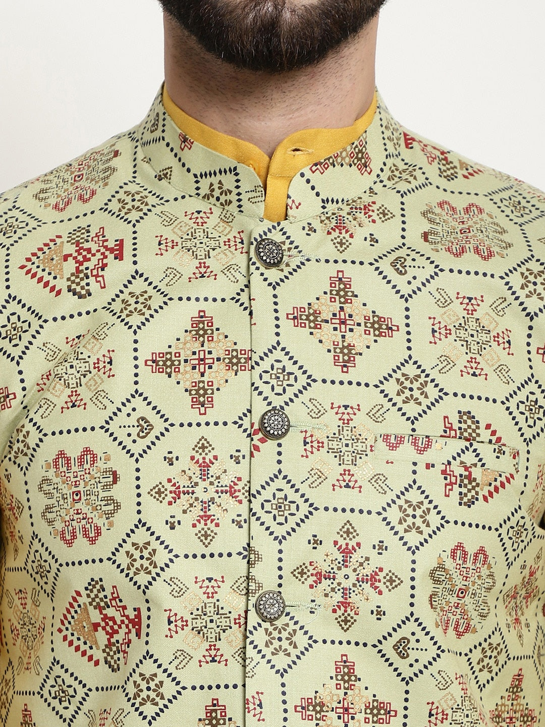 Sojanya Men Mustard Yellow Pure Cotton Kurta with Churidar & Nehru Jacket