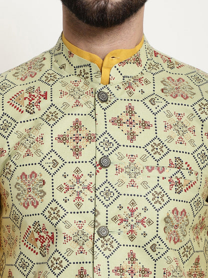 Sojanya Men Mustard Yellow Pure Cotton Kurta with Churidar & Nehru Jacket