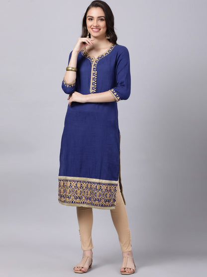 Souchii Women Blue Yoke Design Thread Work Grandeur & Majestic Artwork Kurta