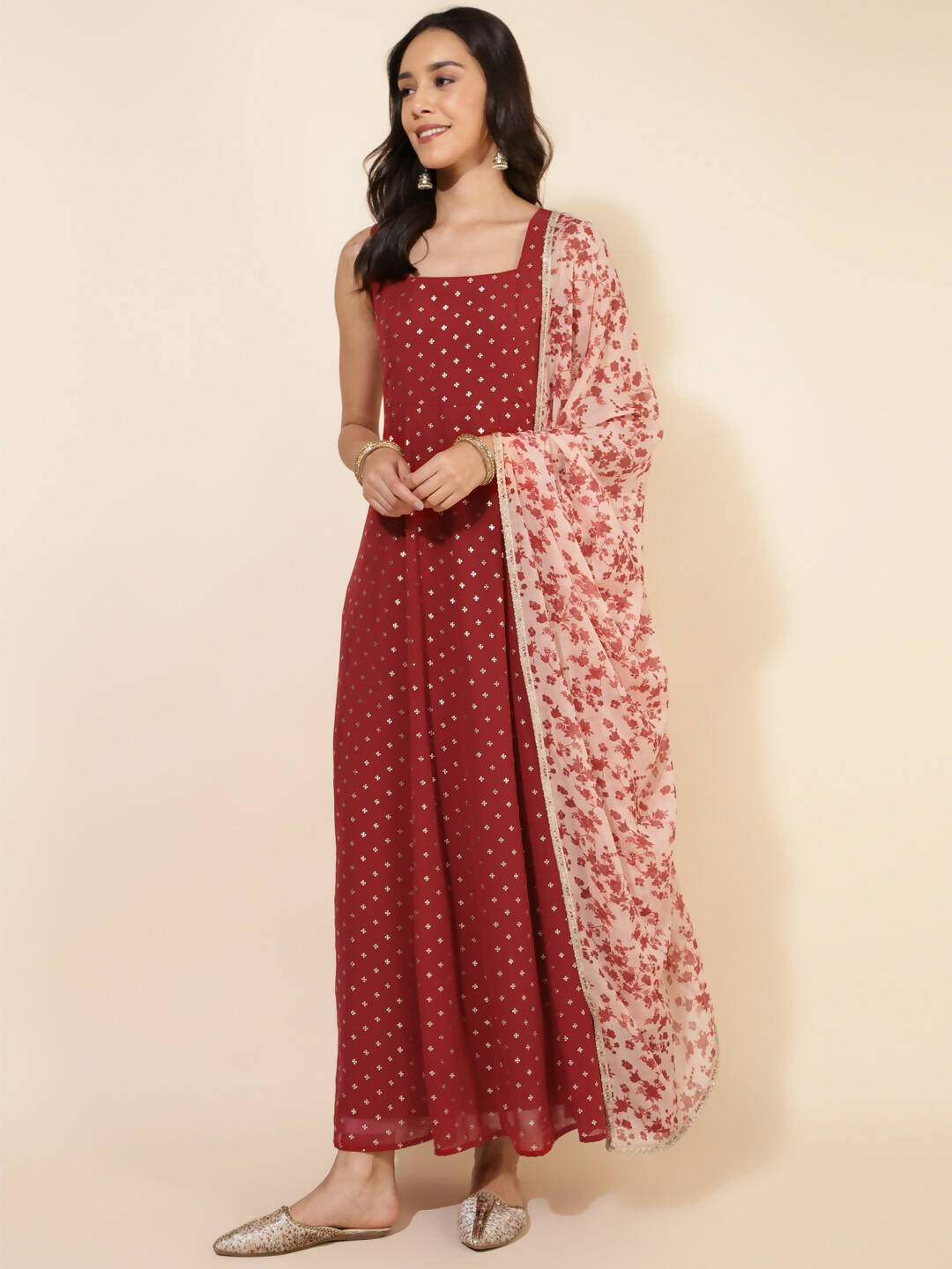 Janasya Women's Red Georgette Foil Printed Festive Anarkali Kurta Set
