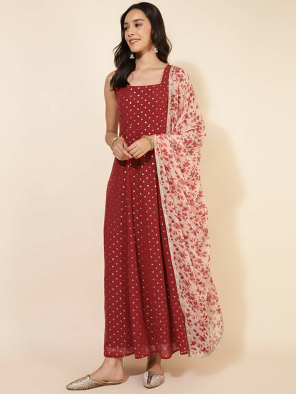 Janasya Women's Red Georgette Foil Printed Festive Anarkali Kurta Set