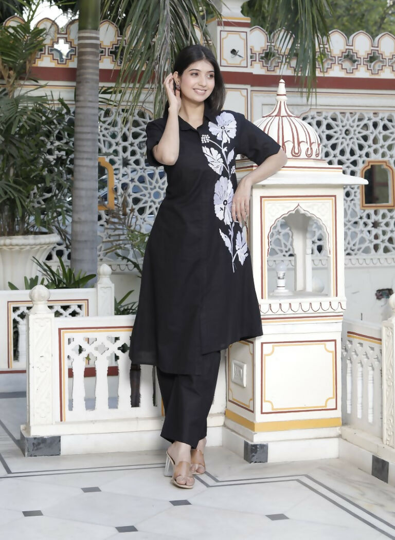 Miravan Women's Black Pure Cotton Floral Embroidered High Low Co-Ord Set