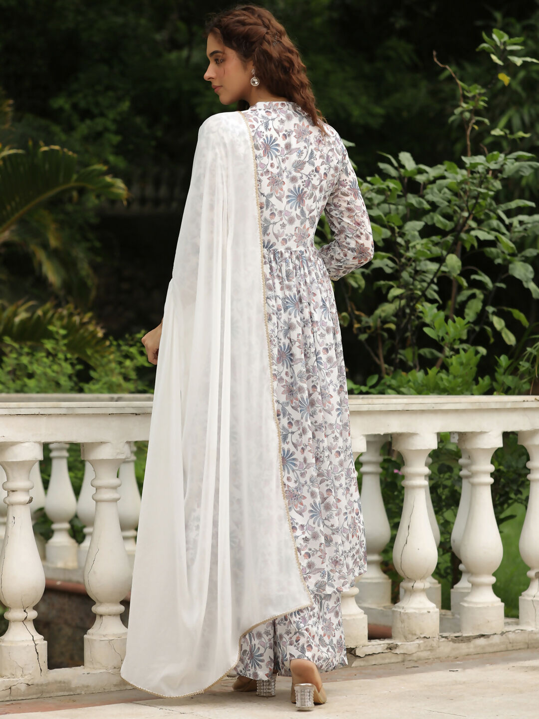 Janasya White Georgette Floral Kurta,Bottom & Dupatta