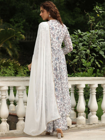 Janasya White Georgette Floral Kurta,Bottom & Dupatta