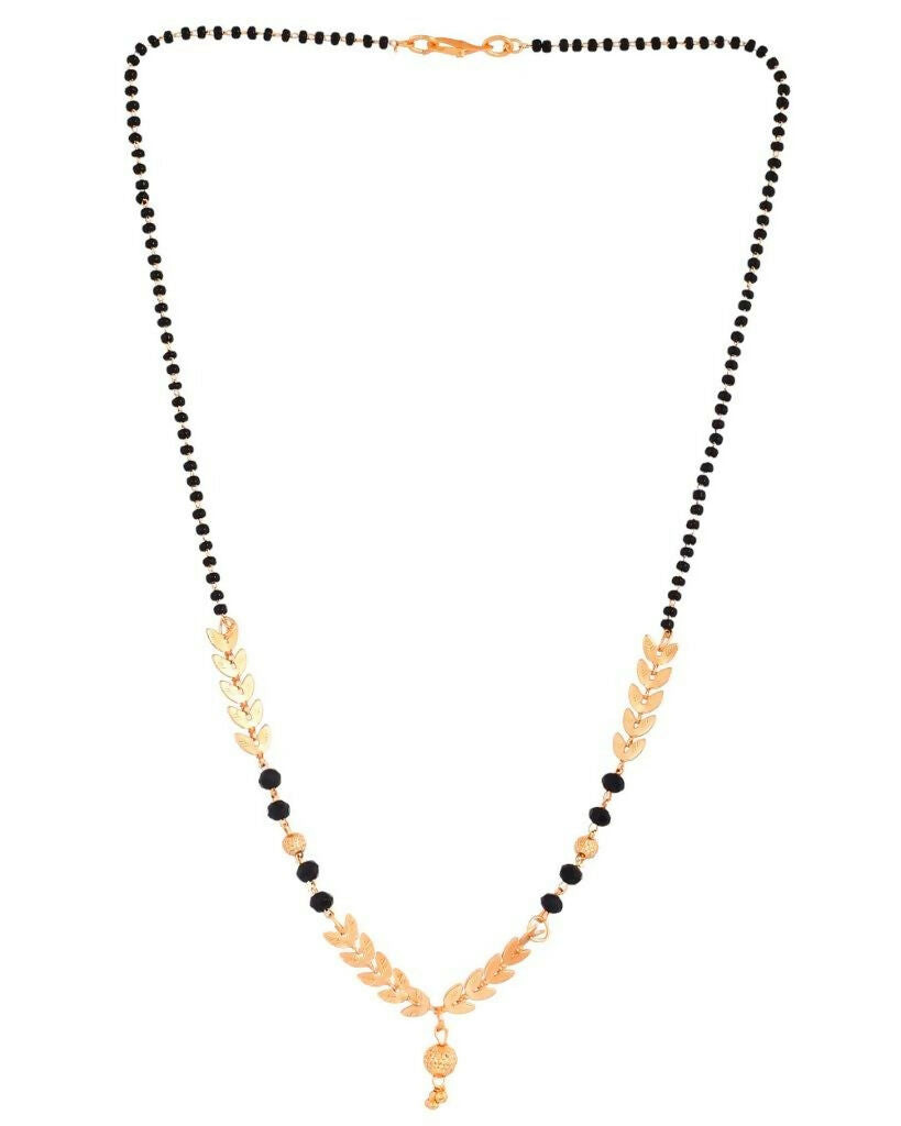 VOJ Gold-Polished Leaf Design Beaded Chain Mangalsutra