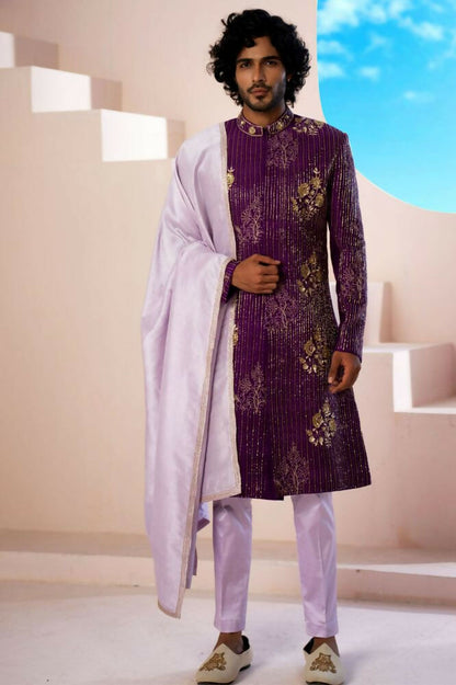 Purple Elegance Sherwani With Zardosi And Gold Embellishments by Hilo Design