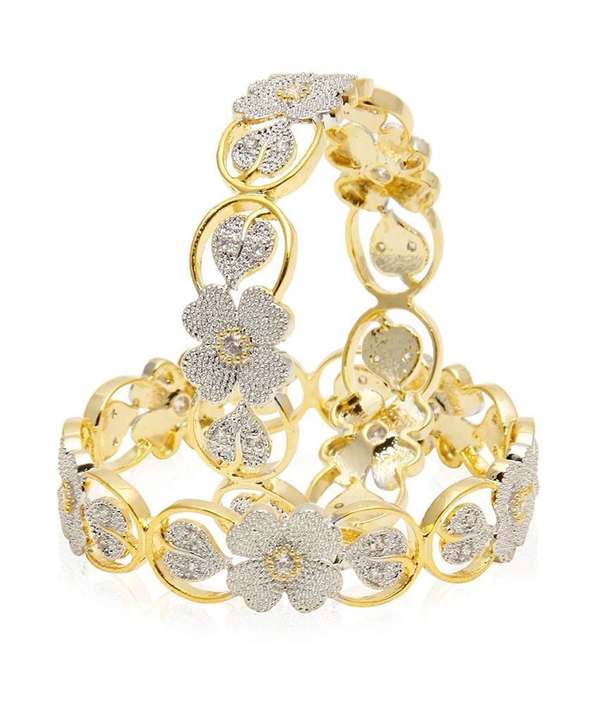 Gold-Polished Alloy Flower Design American Diamond Bangle Set - The Pari